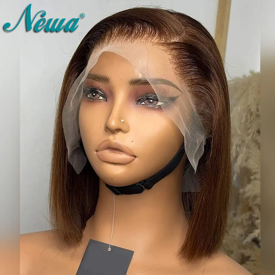 Newa الشعر 13x6 الدانتيل شعر مستعار أمامي قصير بوب شعر مستعار البرازيلي باروكة من شعر طبيعي براون اللون غلويليس شعر مستعار 13x6 الدانتيل الباروكة قبل قطعها للنساء
