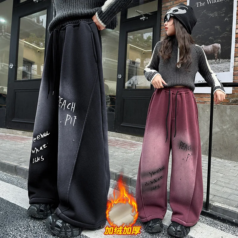 

Children Plush Velvet Pants Kids Winter Fleece-Lined Trousers Girls Thicken Sweatpants Toddler Drawing Letter Sports Warm Pants