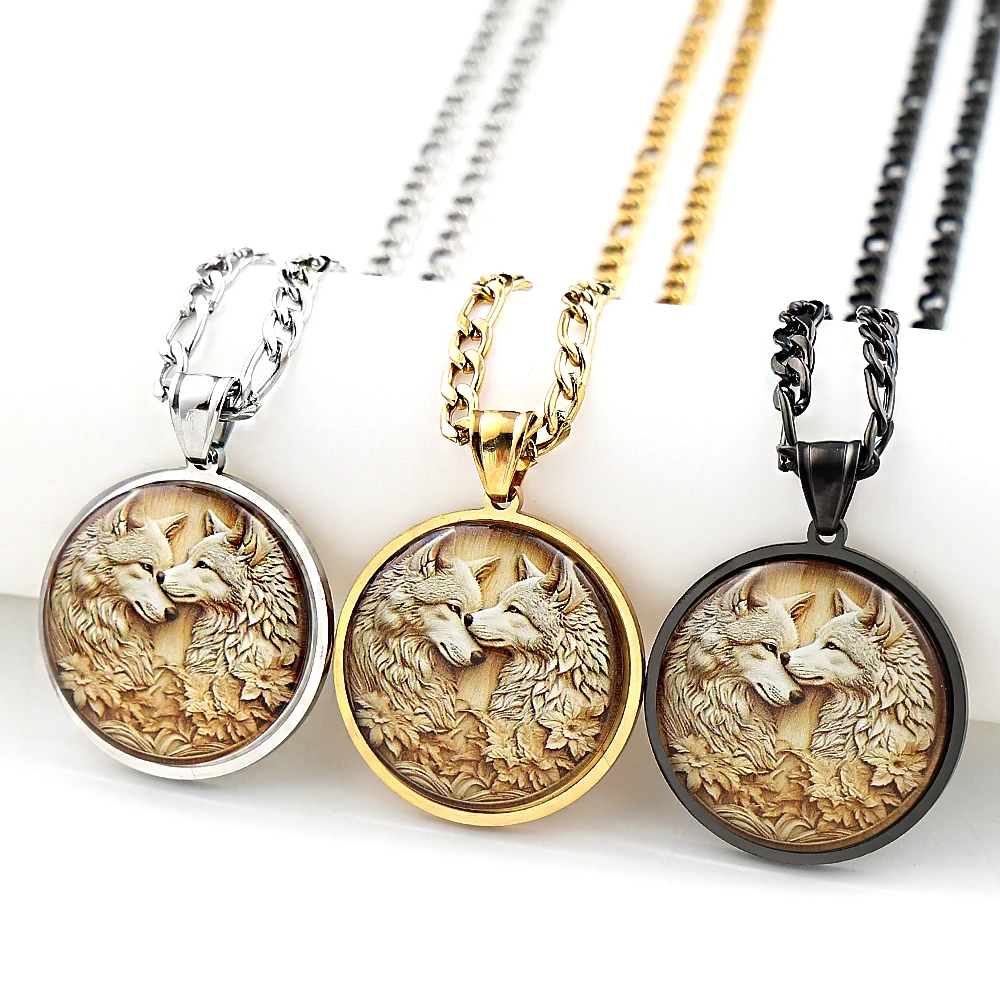 White Wolf Couple Flower Glass Round Medal Pendant Necklace for Women Men Stainless Steel Animal Lover Protection Chain Jewelry