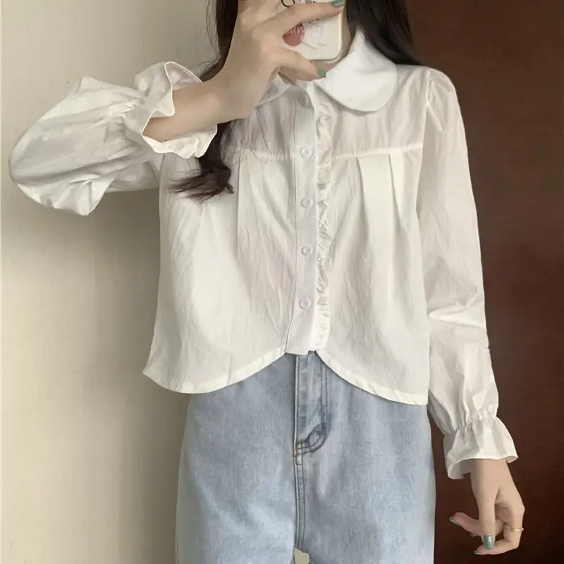 White Edible Tree Fungus Y2k Chemises Femme Peter Pan Collar Sweet Camisas Women Lolita Style Shirts Japanese Casual Slim Fit