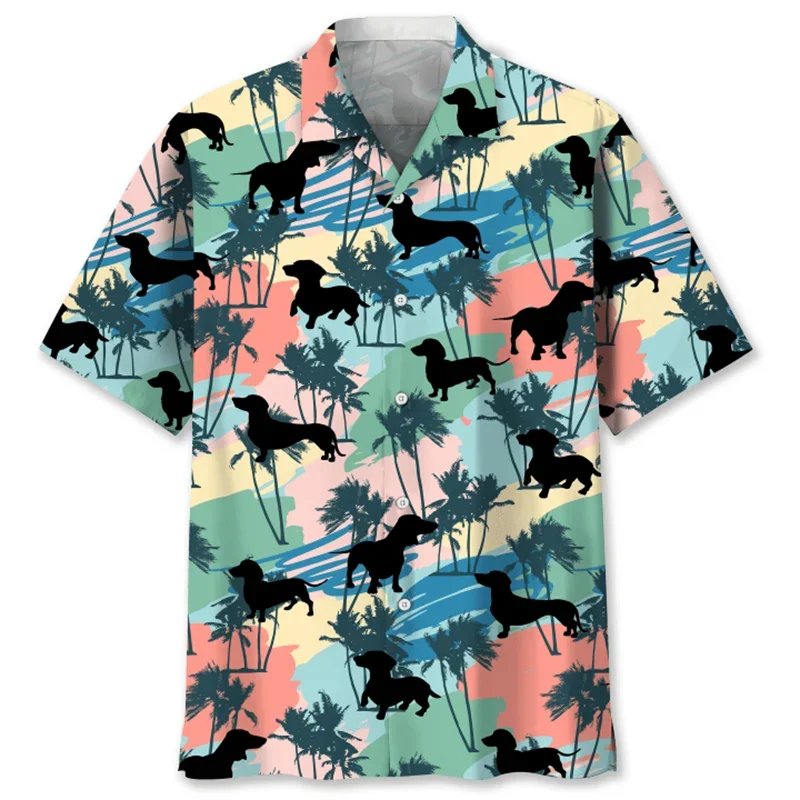 Cartoon Sausage Dog 3D Printed Men's Animal Pet Pattern Short Sleeve Hawaiian Shirt Top Loose Collar Shirt