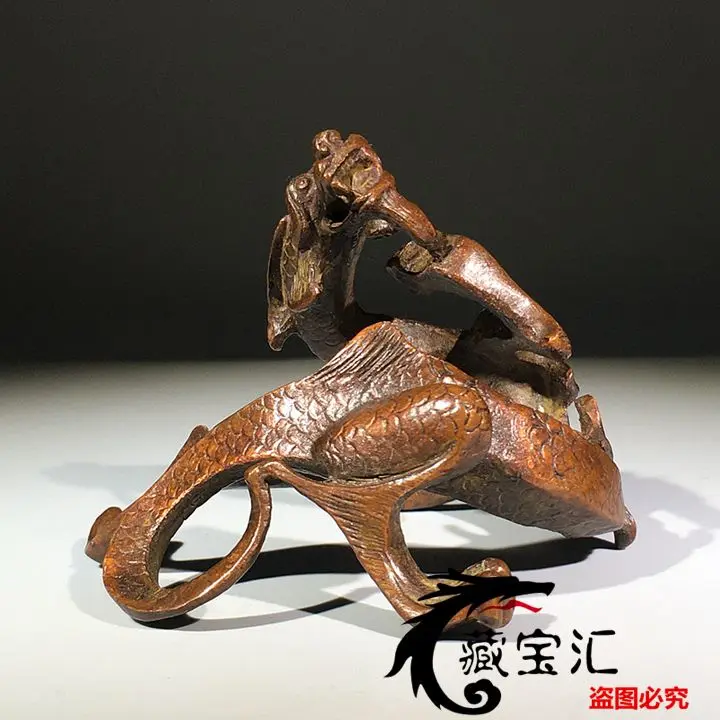 Retro Bronze Dragon Brush Rest Patina Old Copper Stationery Holder Antique Scholar Pen Stand Collectible
