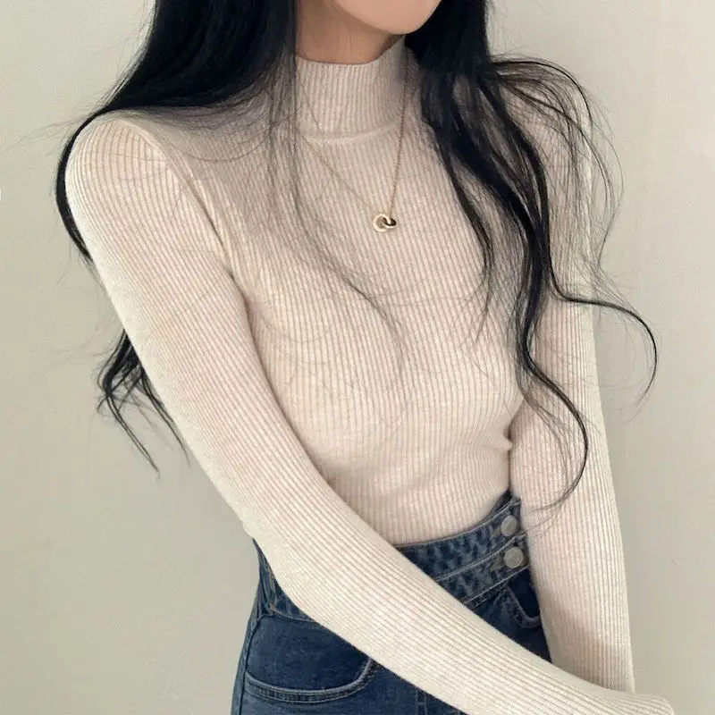 Autumn Solid Color Bottoming Shirt 2025 New Half Turtle Collar Long Sleeve Slim Fit Simple Pullover Wool Sweater Women Trend