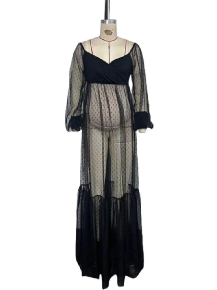 2026 New Maternity Mesh Nightgown Puff Sleeve Polka Dot Sheer Slit Tulle V Neck Strapless Robe Soft Mesh Sleepwear Dress Women