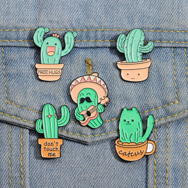 Funny Cute Cactus Enamel Pins Prickly Cactus Cat Brooches Lapel Badge Accessories Small Cartoon Jewelry Pin for Backpack Clothes