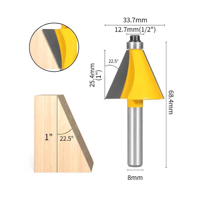 PTA 8MM 15/22.5/30 Degree Chamfer Bevel Edging Router Bit Woodworking Milling Cutter For Wood Face Mill