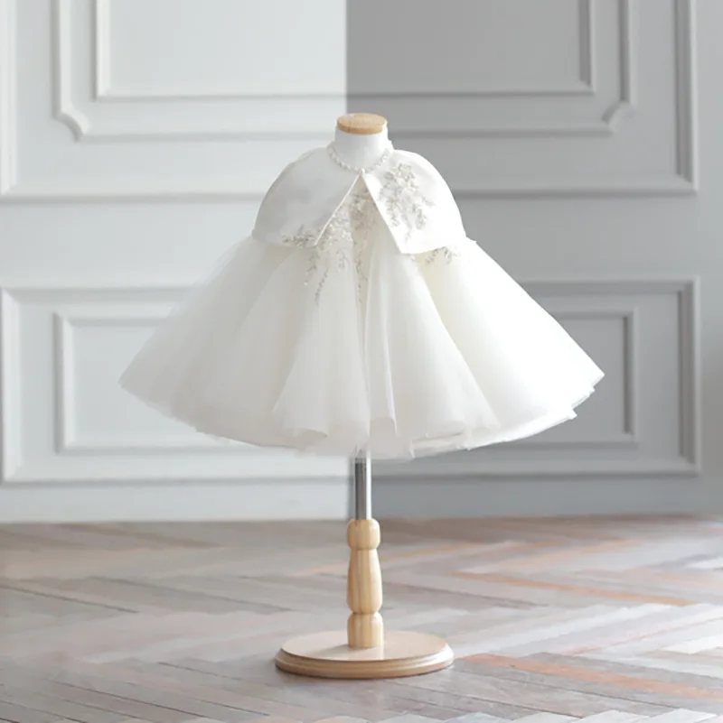 

High-end Kids Solid White Applique Dress Flower Formal Princess Tulle Gown Pageant Baby Birthday Party Wedding Flower Girl Dress