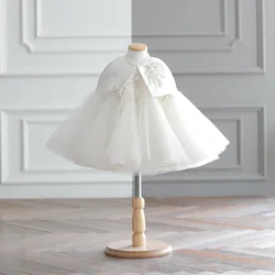 High-end Kids Solid White Applique Dress Flower Formal Princess Tulle Gown Pageant Baby Birthday Party Wedding Flower Girl Dress
