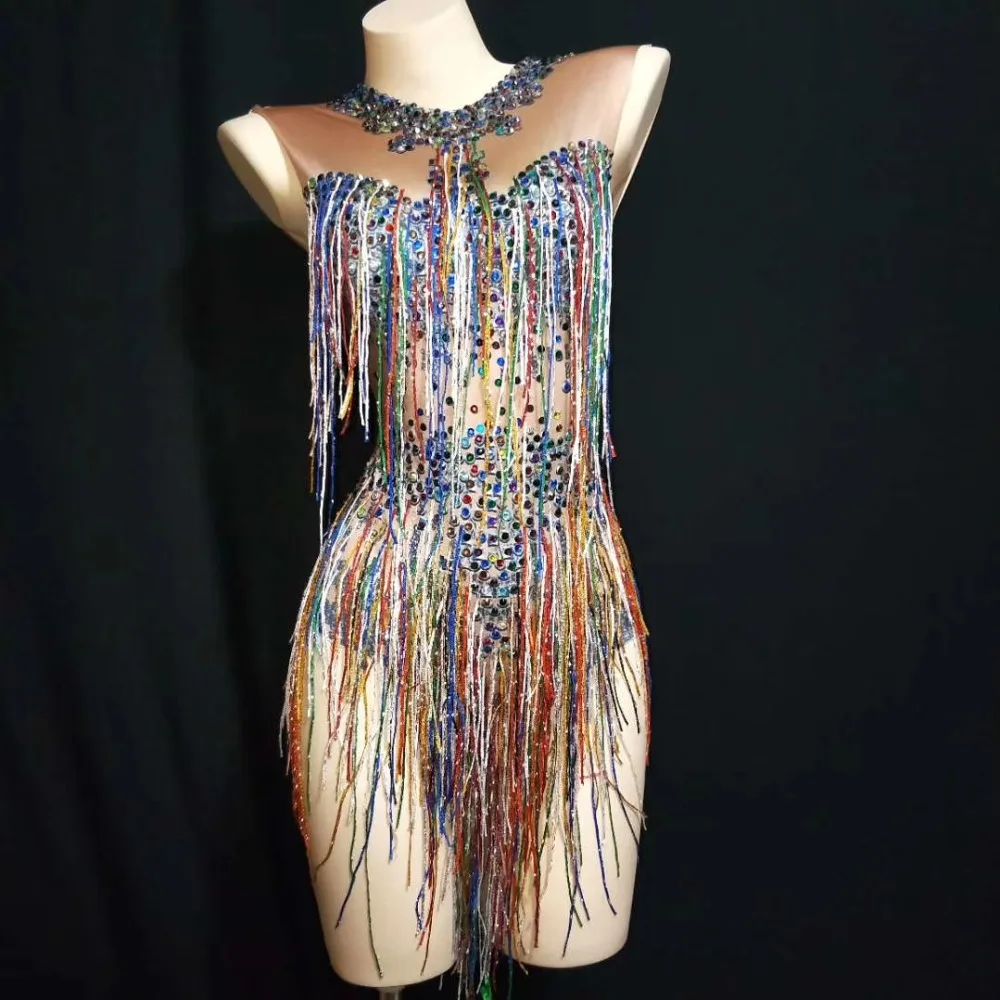 

Women Stretch Nude Singer Fringes Leotard Sexy Multicolor Rhinestone Tassel Party Bodysuit Nightclub DJ DS Dancer Stage Costumes