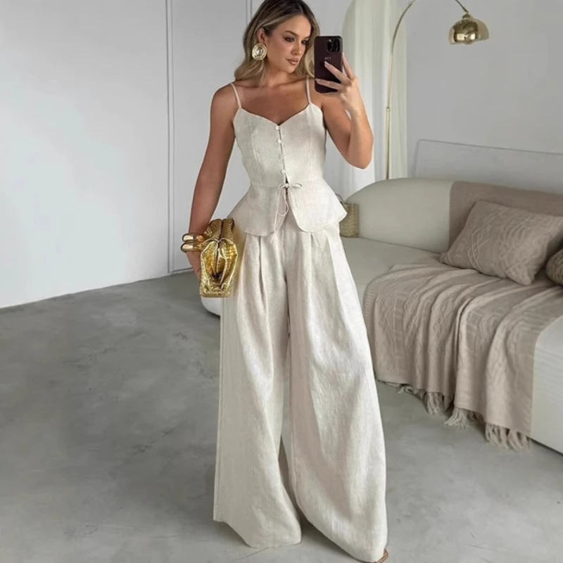 

2026 Hot Selling New Cotton Breathable Suspender Button Short Top and Pants Two-piece set for Women