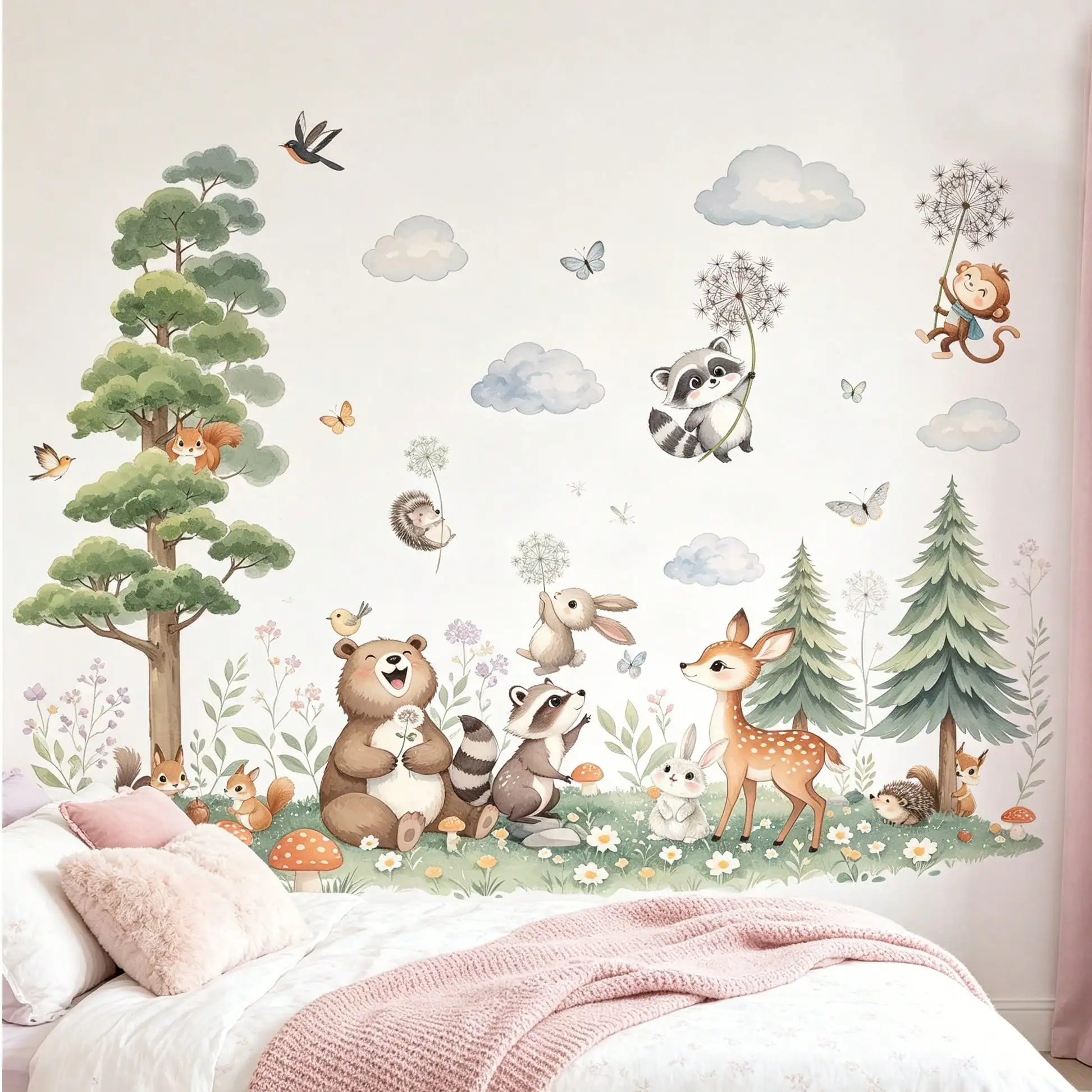 Forest Animal Dandelion Wall Sticker Watercolor Wind Bear/Deer/Raccoon Children's Room baby Room Wall Decoration Self-Adhesive S