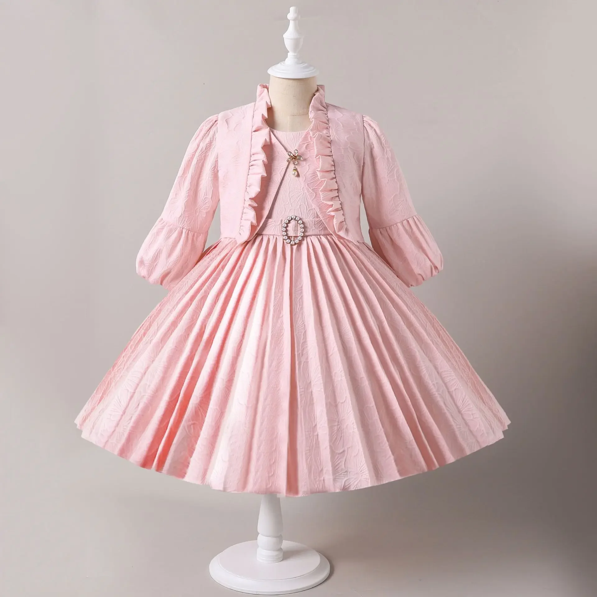Autumn Girl Pleated Dress with Long Sleeve Coat Set Christmas Performance Party Ball Gown for Children 5-10Y