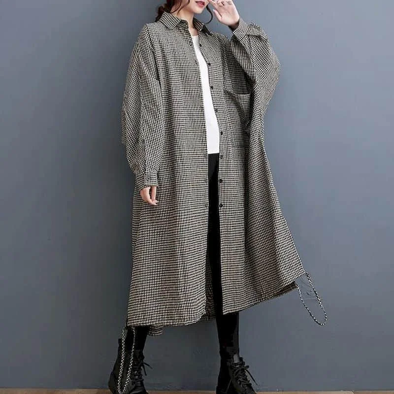 Shirts Coats Women Plaid Oversized Long Sleeve Casual Korean Style Polo-neck Extra Long Style Single Breasted One-piece Trench