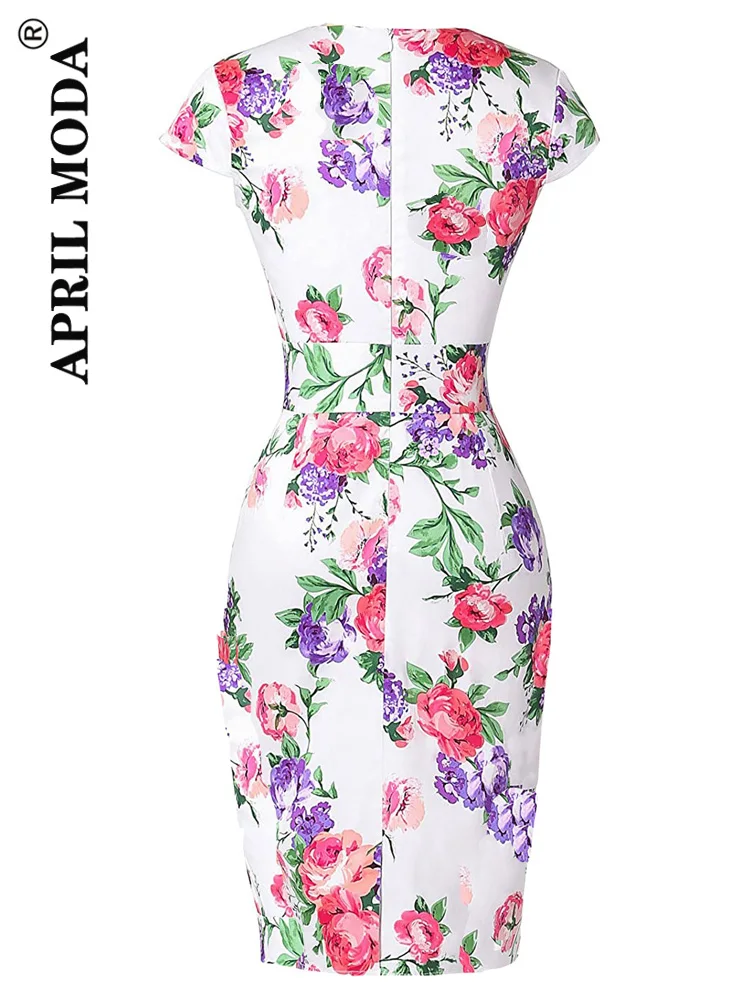 50s 60s Womens Summer Retro Vintage Dresses Wrap Floral Print Wear to Work Business Office Party Sheath Bodycon Pencil Dress