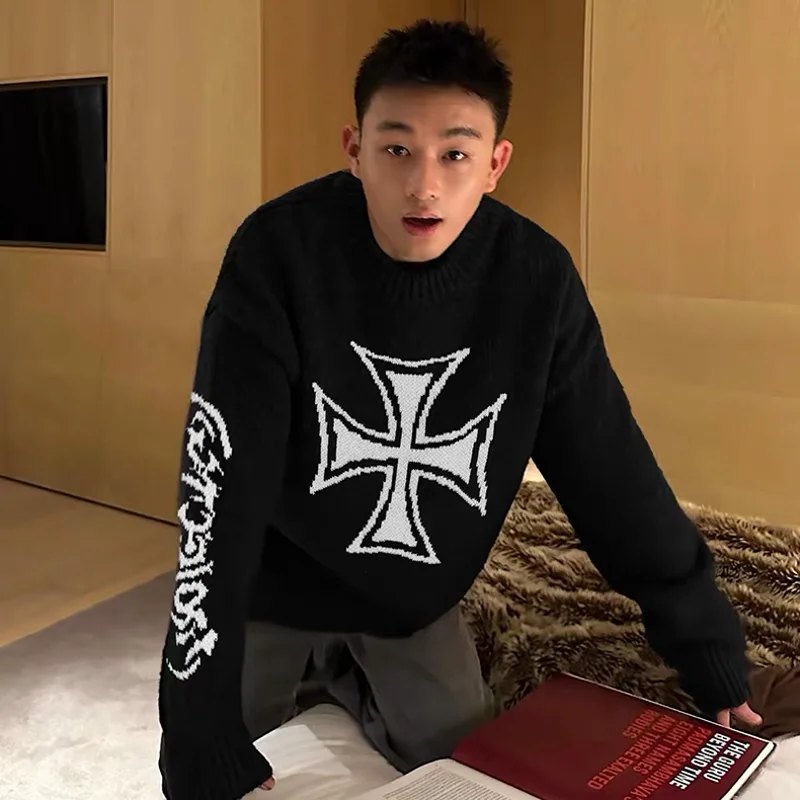 

Project GR черный свободный большой жаккардовый вязаный свитер с перекрестным узором для мужчин и женщин с рукавами санскритные буквы этикетка черные толстовки