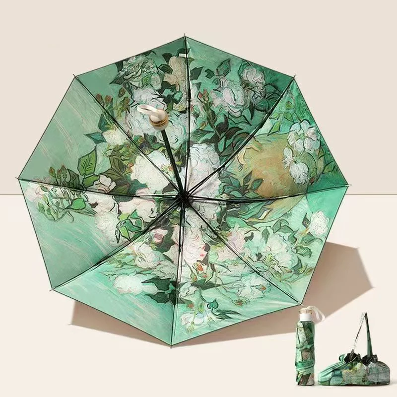 Double Layer Rose Painting Umbrella 3 Fold UV Protection Umbrellas Waterproof Parasol for Women & Men Compact & Stylish
