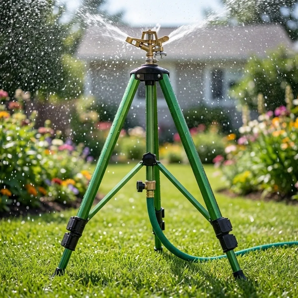 360 Degree Garden Sprinkler with Aluminum Construction and Telescoping Tripod Legs for Customized Height and Coverage Range