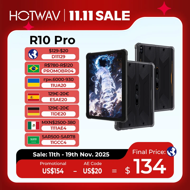 

Прочный планшет HOTWAV R10 Pro, 10800 мАч, массивная батарея, 10,1-дюймовый HD+-дисплей, Android 14, 8 ГБ, 256 ГБ, 13 МП, 4G, глобальный планшетный ПК