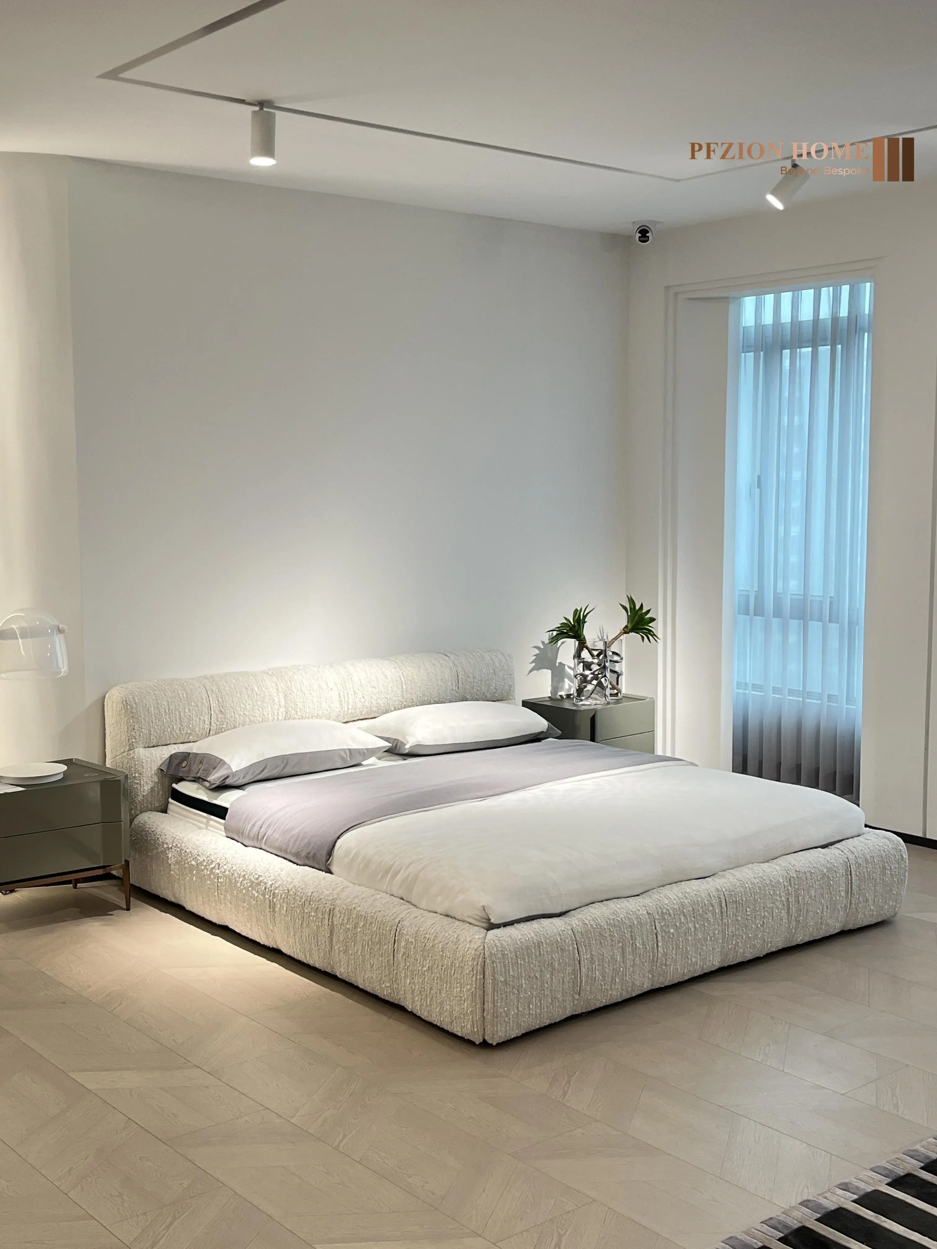 #w  Modern Italian Simple Luxury Suspended Solid Pine Wood Villa Bedroom Set Minimalist Leather Bed Customizable