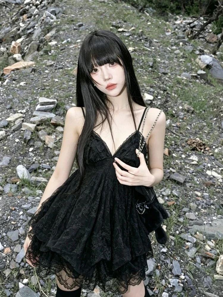 2026 Summer Beach Vintage Lace Strap Dress Women Even Party Clothing Casual Sexy Beach Style Dress Korean Fashion Chic Outfits