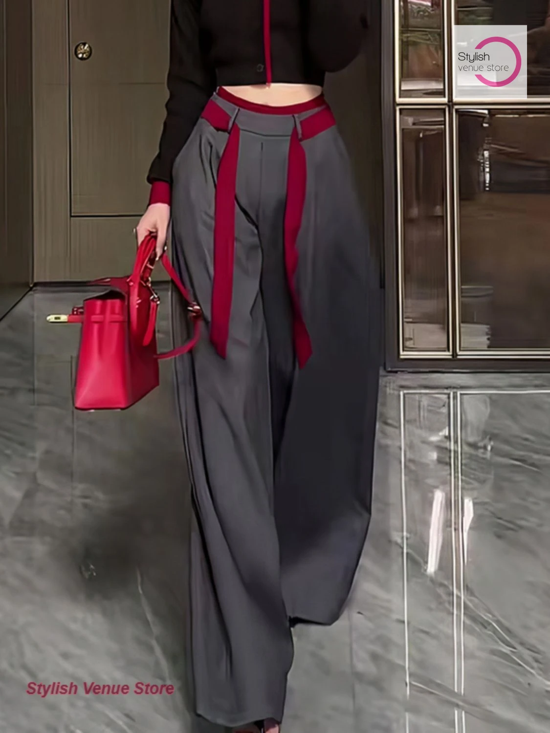 French style fashion loose suit pants women's summer and autumn contrast design feels slim and versatile straight wide-leg pants