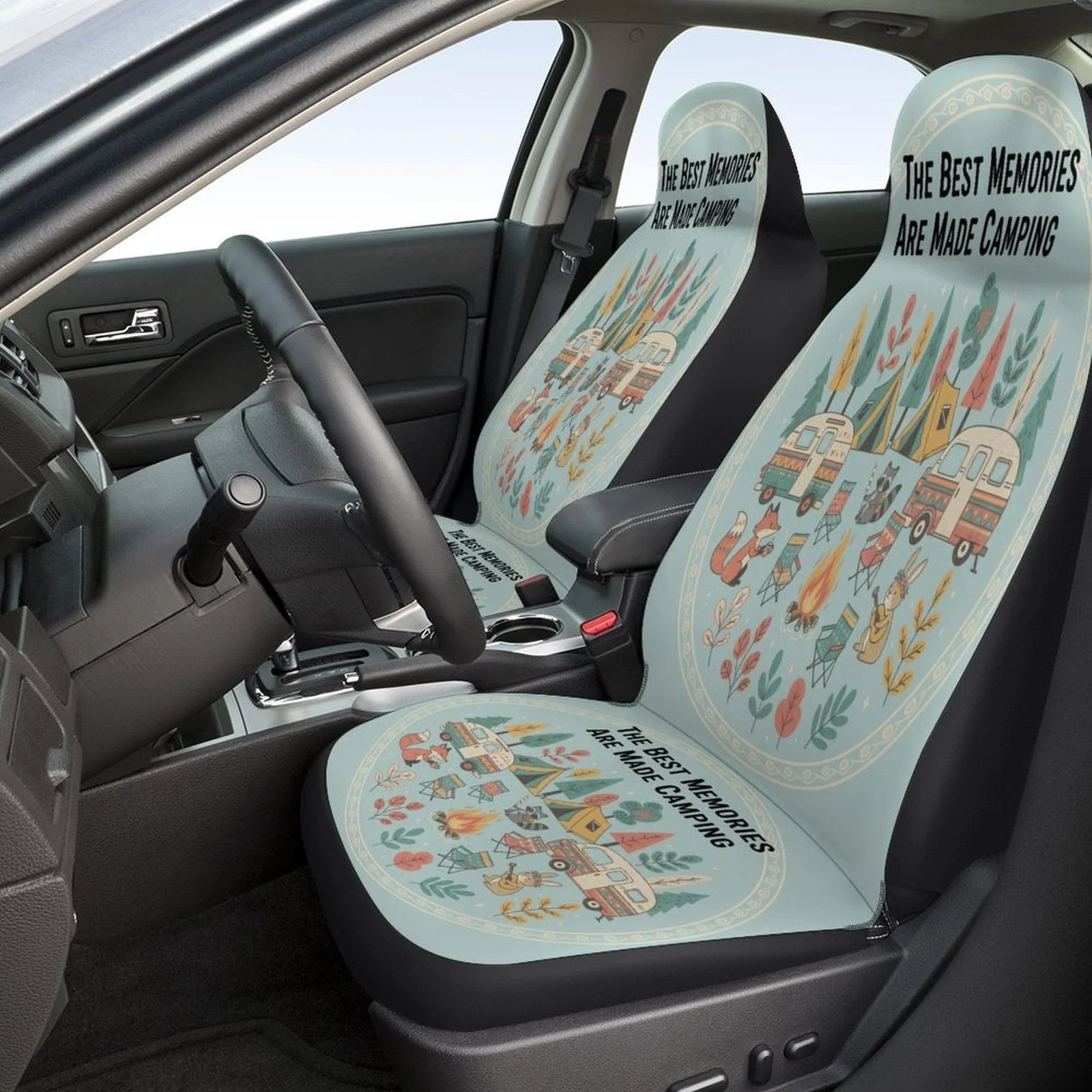 Camping Memories Themed Car Seat Cover Set For Most Cars, Trendy High-quality Car Seat Protector Covers Full Set, Universal Car