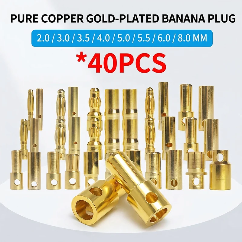 

40Pcs/Pack 2.0-8.0mm Pure Copper Gold-Plated Banana Plugs | Bullet Connectors for RC Aircraft & Brushless Motor Applications