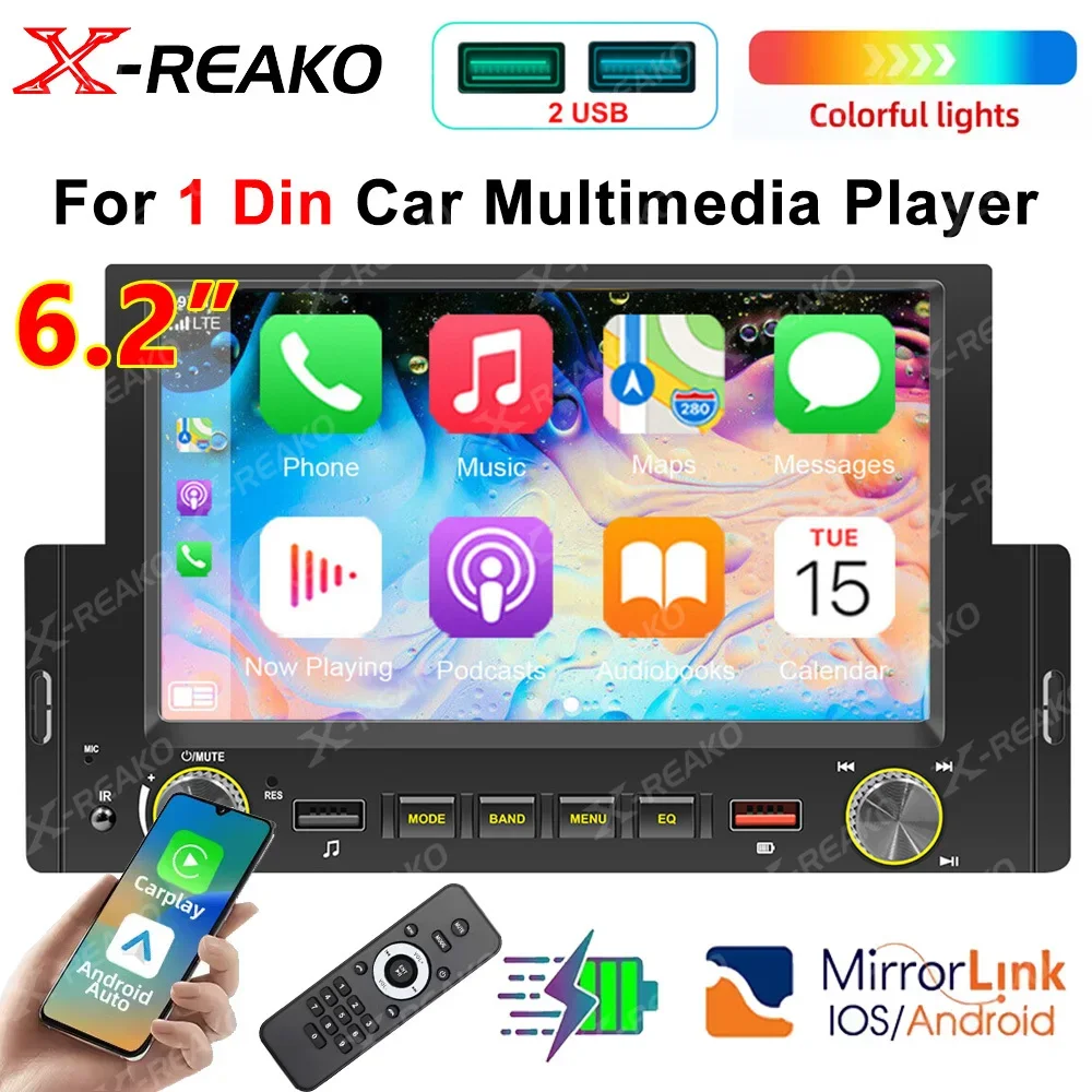 X-REAKO 1 din 6.2 inch Car Radio Universal MP5 Autoradio Multimedia Player 2USB 7 Lights Carplay Android Auto BT Car Stereo