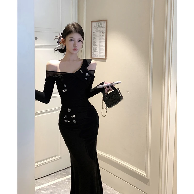 MEXZT Vintage Black Knitted Midi Dress Women Party Prom Sexy Slash Neck Slit Dresses Winter Elegant Korean Bodycon Chic Vestidos
