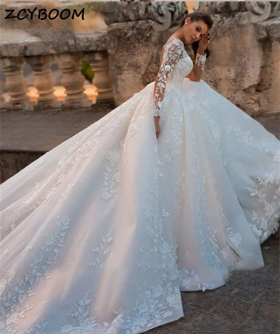 Precioso Vestido De novia Blanco/Marfil De manga larga con apliques, Espalda descubierta, vestidos De baile, vestidos De novia De tren De corte, 2024