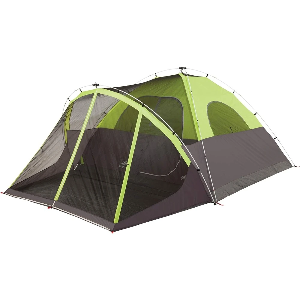 Camping tent with shielded porch, 6-person tent including pre installed poles, integrated rain flies, and shielded porch