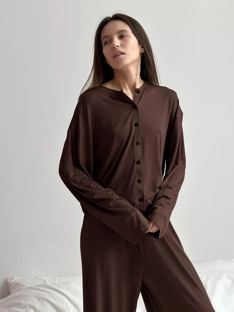 HiLoc Vintage Brown Knitwear Pajamas Sets Pants For Women Long Sleeves Shirts With Pants Two Pieces Outfits Sleepwear Pant Suits