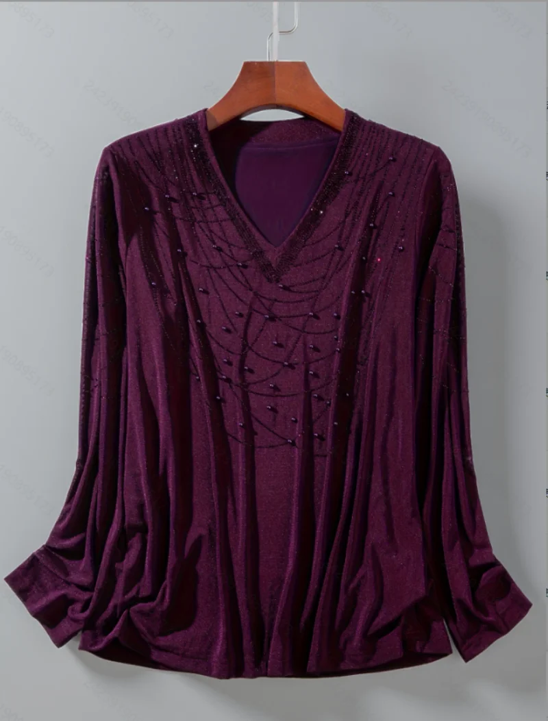 

Тяжелая промышленность Nail Bead Молодой однотонный модный женский топ с v-образным вырезом - модный осенний новый модный эластичный топ высокого класса