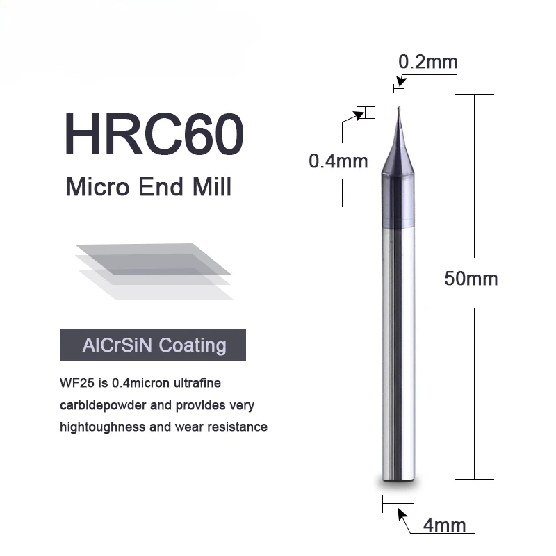 

1PC HRC60 Micro Square End Mill 2 Flutes 0.2-0.9mm TiAIN Micro Flat 4mm Shank Milling Cutter Mirco Carbide Engraving Bit