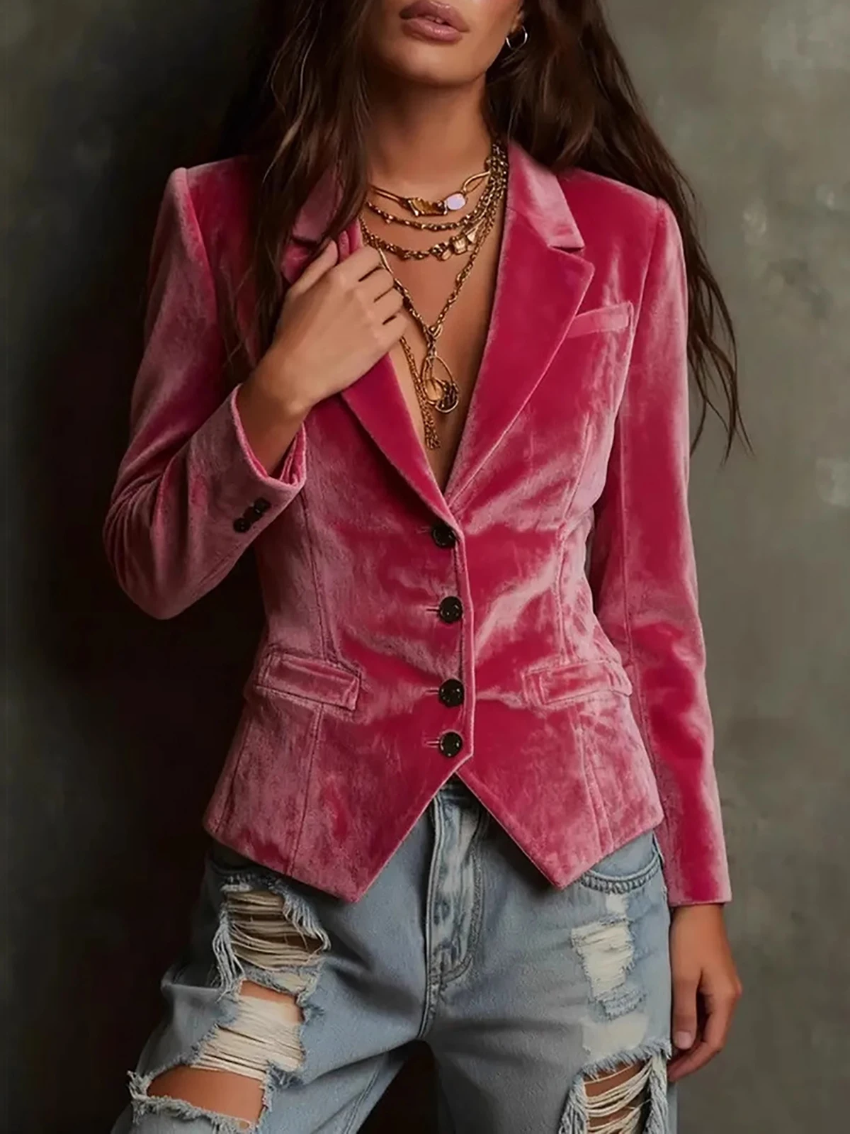 Damen Vintage Samt Cropped Blazer Jacke mit Reverskragen, Einreihig, Schmal Geschnitten, Langarm, Schicke Lässige Kurze Anzugjacke – Detail 4