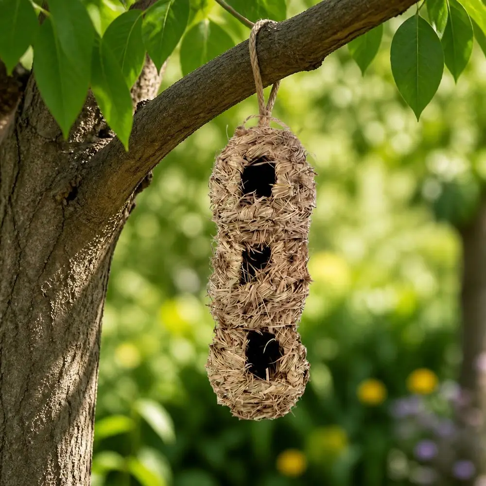 Natural Straw Hanging Bird Nest Three-Opening Structure Hanging Loop Straw Birdhouse Natural Appearance Handwoven Style