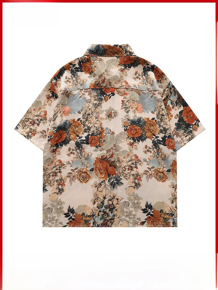 GPstudio Men's Vintage Floral Print Short Sleeve Ice Silk Shirt Loose Fit Summer Trendy Casual Fashion Breathable Polyester