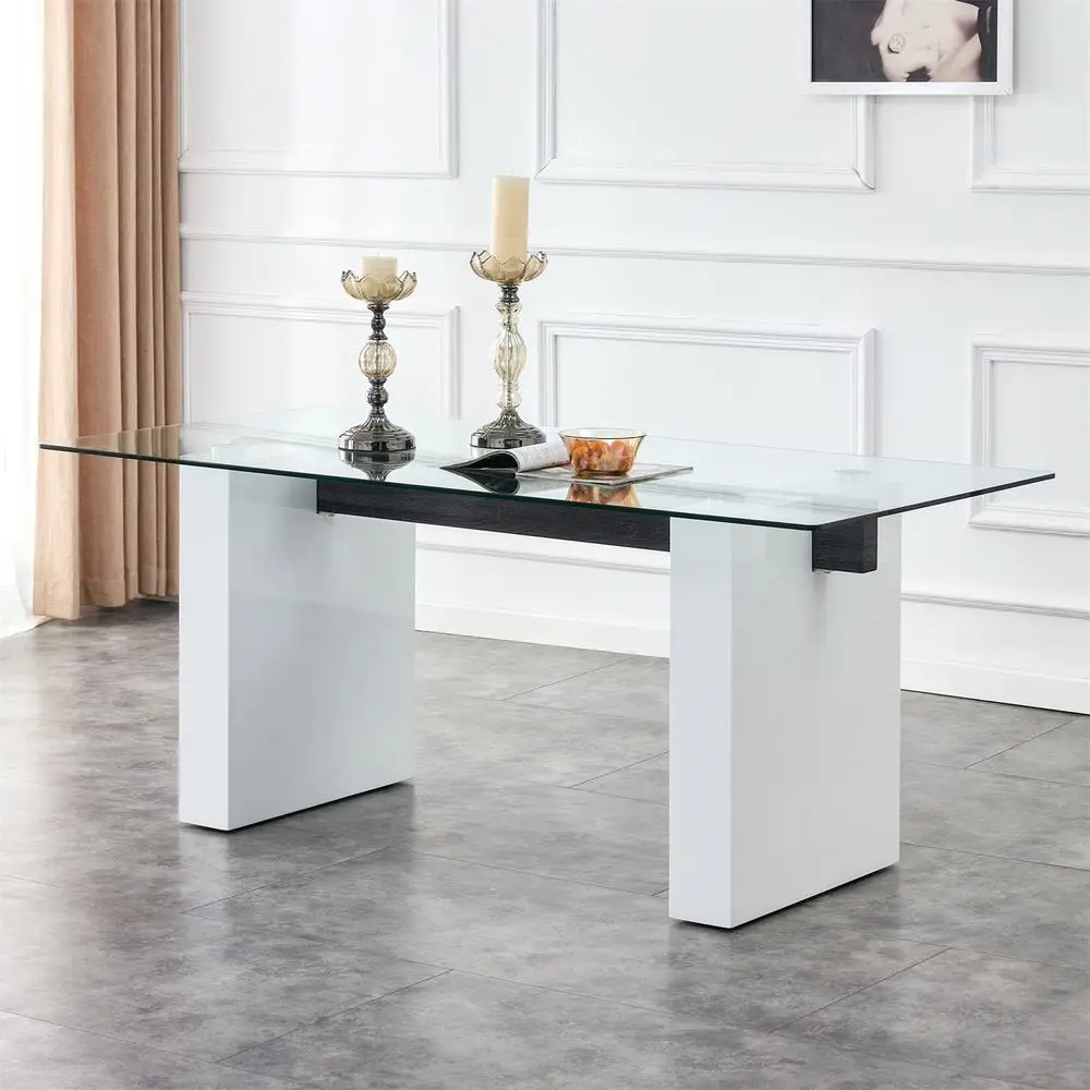 

White 70 Tempered Glass Table - Modern Design for 6-8 Seating, Ideal for Kitchen, Dining, Living, Meetings, Banquets