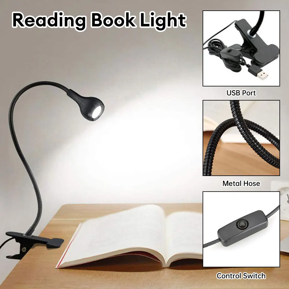 Flexible Table Lamp Reading Lamp USB Adjustable Goosenecks Clip On Light Night Light Indoor Lighting White Light 6500K Book Lamp