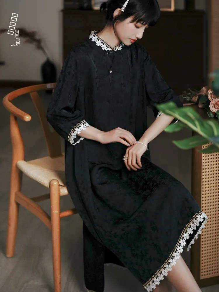 

Молодежное современное свободное платье для повседневной носки в новом китайском стиле, ретро-стиль, длина миди, с косым воротником, без разрезов