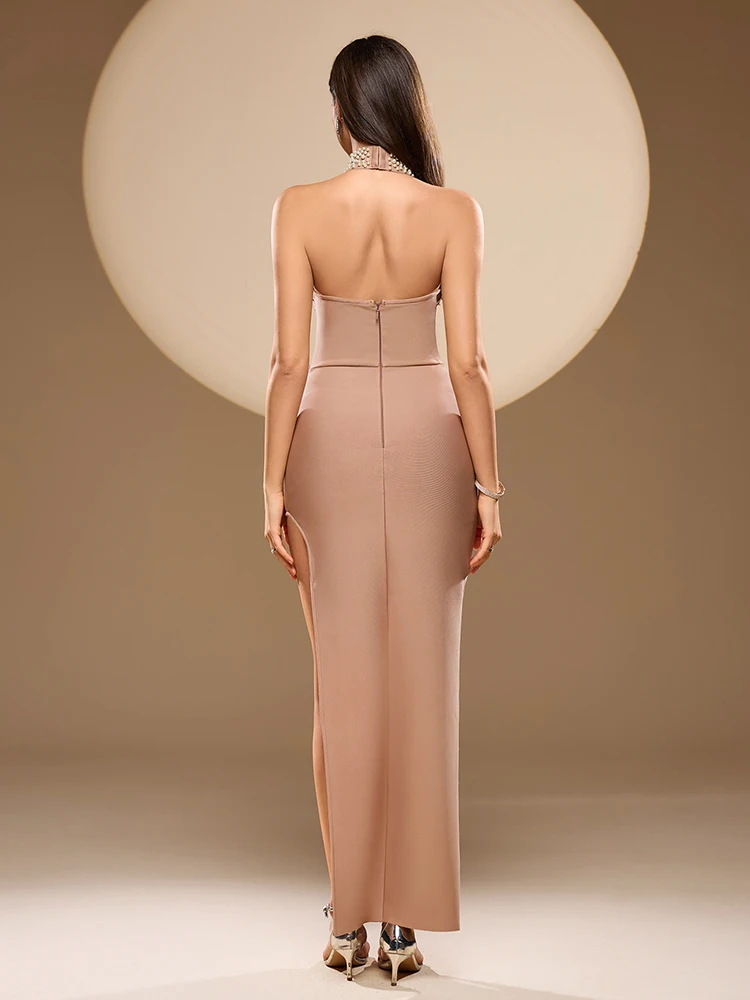 Sexy halter pescoço frisado split bandage vestido feminino sem mangas sem costas pérola bodycon vestidos longos vestidos de festa à noite