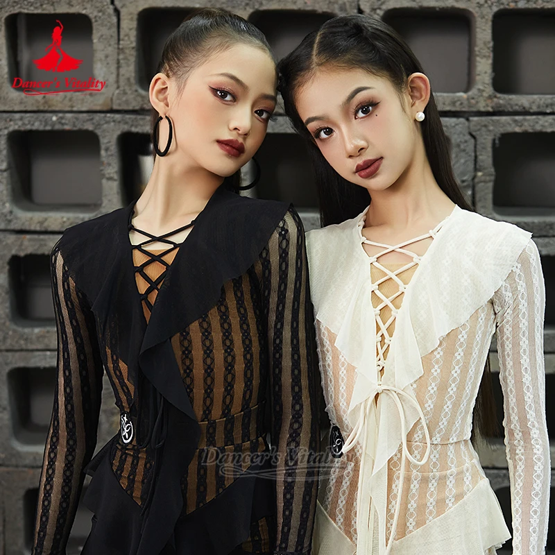 Детская кружевная одежда для латинских танцев с длинными рукавами, тренировочная одежда, жизненная танцовщица, чача, румба, самба, сальса, тренировочный костюм из двух предметов