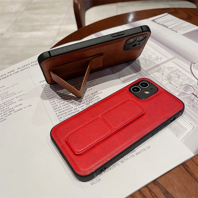 Tim Luxury Leather Folding Bracket Case For iPhone 15 14 13 12 11 Pro Max XS XR 7 8 Plus SE Soft Casing Shock proof Phone Cover