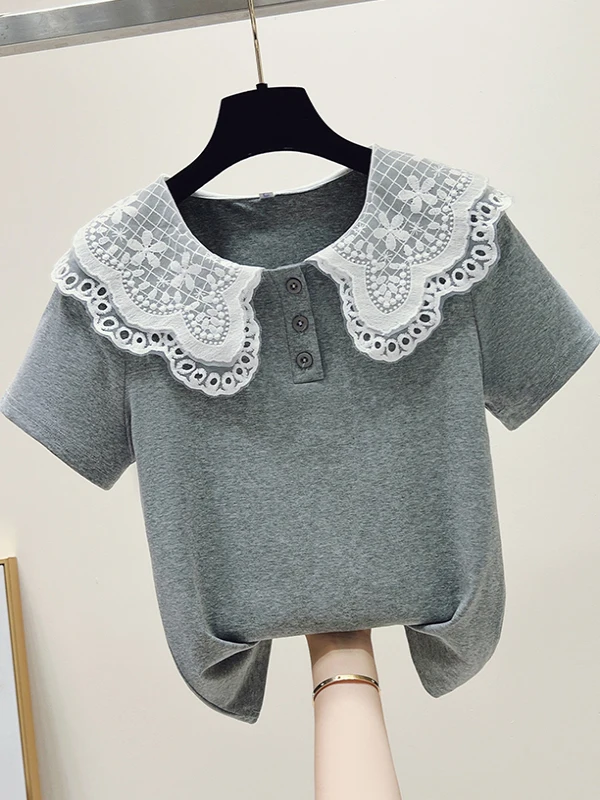 Slimming Double Layer Lace Doll Collar Short Sleeve T-Shirt Women's Fashionable Versatile Summer New Style Student Shirt