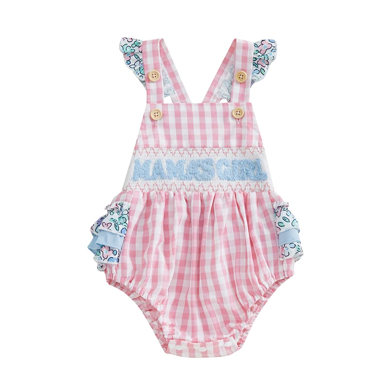 

Baby Girl Sleeveless Romper Plaid Print Letter Embroidery Square Neck Overalls Clothes