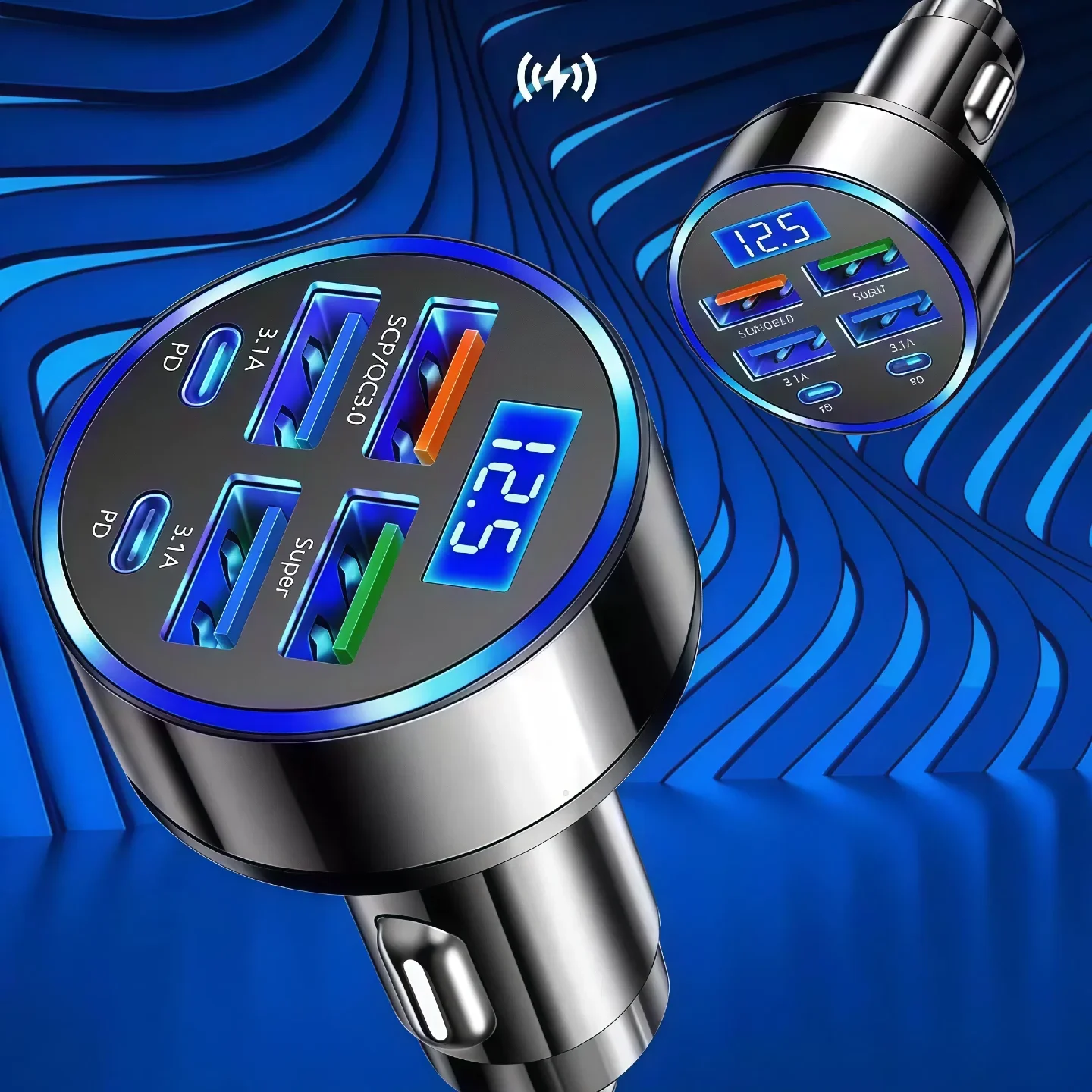 6in-1 차량용 시거잭 충전기 멀티 포트 4USB 2USB-C 초고속 