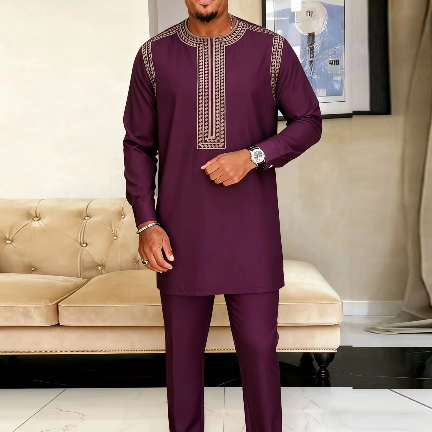 Dashiki الأفريقية الرجال دعوى طويلة الأكمام المطرزة قميص وسراويل 2 قطعة مجموعة قفطان احتفالي حفل زفاف الملابس التقليدية #6