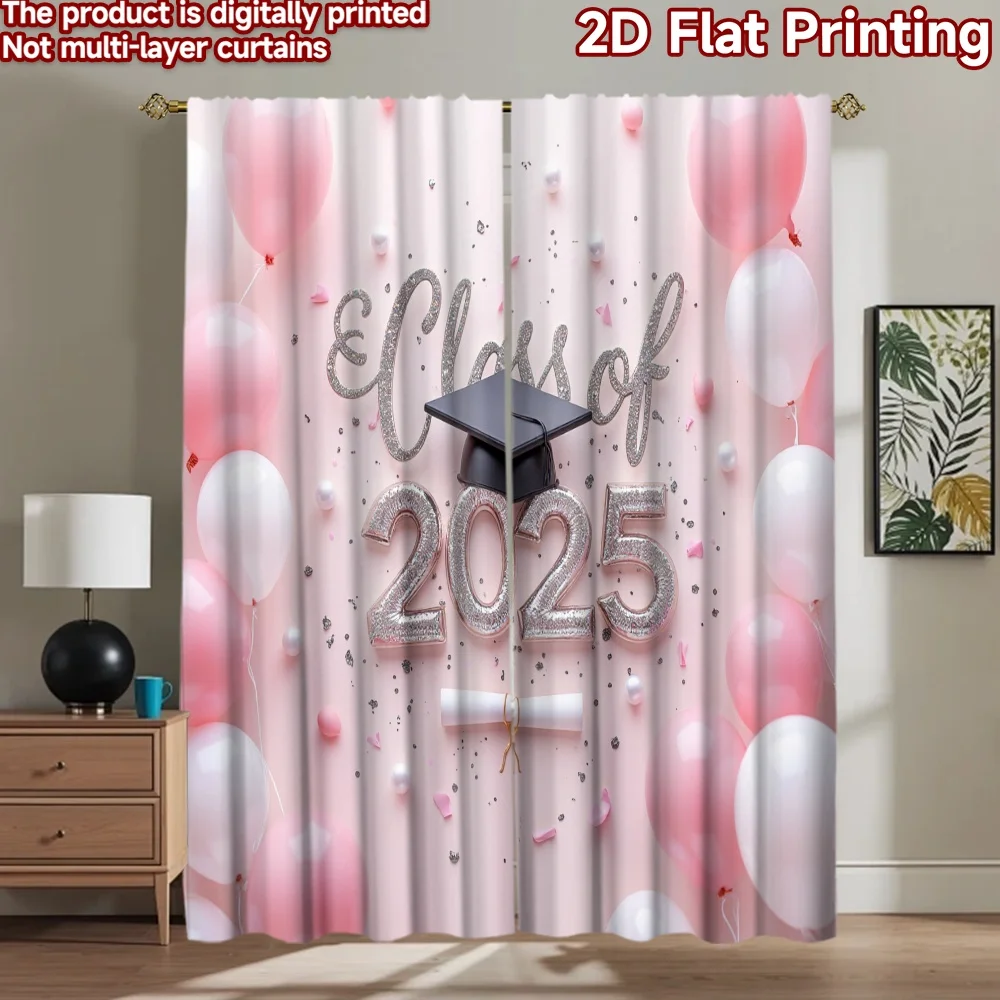 2D flat 2pcs Curtain Retro Country Style Graduation Class of 2025 Digitally printed polyester Festive Holiday for Living Room