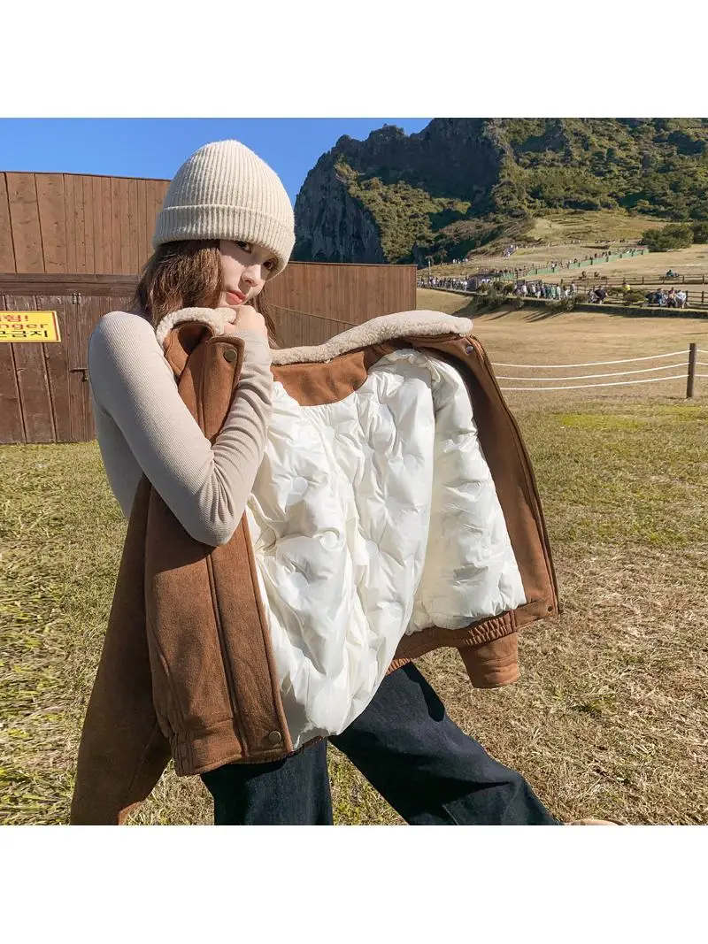 

Женская короткая пуховая куртка с замшевой подкладкой, жилет из белого утиного пуха, корейский стиль, зимнее утепленное пальто, ретро-крой, полиэстер