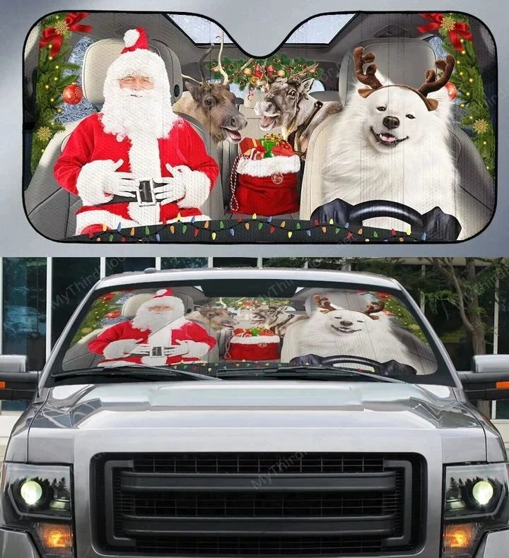 American Eskimo Dog Lovers Xmas Printed 3D Sun Shade Auto Sun Shade for Car Truck Decor Windshield Sunshade,Blocks UV Rays Sun